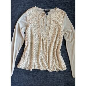 Vintage Y2K Ideology Cream Lace Mesh Sheer Long Sleeve Tie Front Boho Top